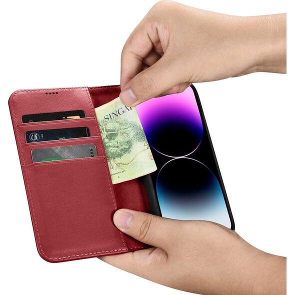 iCarer iCarer Wallet Case 2in1 etui iPhone 14 Pro Max skórzany pokrowiec z klapką Anti-RFID czerwony (WMI14220728-RD)