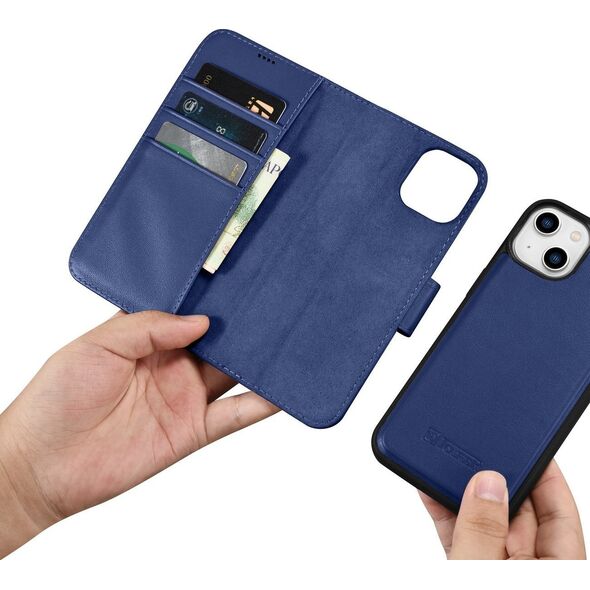 iCarer iCarer Wallet Case 2in1 etui iPhone 14 Plus skórzany pokrowiec z klapką Anti-RFID niebieski (WMI14220727-BU)