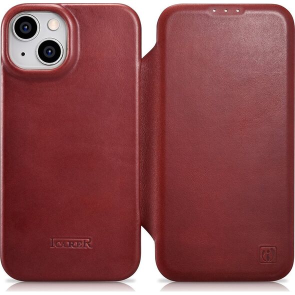 iCarer iCarer CE Oil Wax Premium Leather Folio Case skórzane etui iPhone 14 Plus z klapką magnetyczne MagSafe czerwony (AKI14220707-RD)