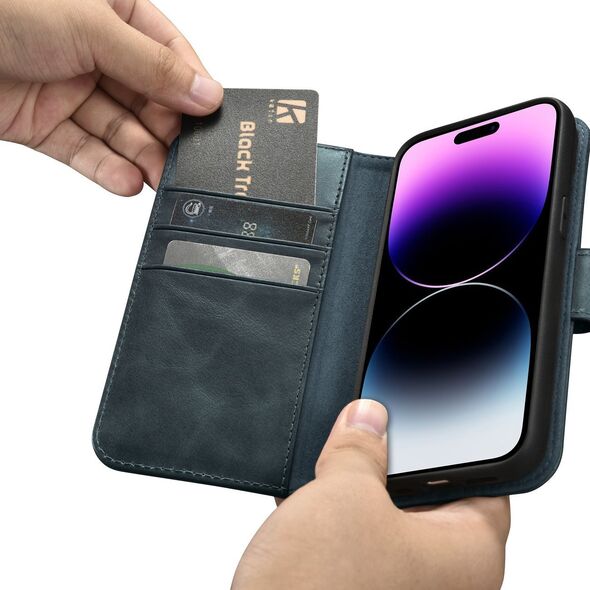iCarer iCarer Oil Wax Wallet Case 2in1 etui iPhone 14 Pro Max skórzany pokrowiec z klapką Anti-RFID niebieski (WMI14220724-BU)