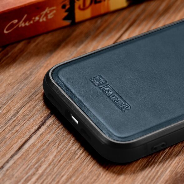 iCarer iCarer Leather Oil Wax etui pokryte naturalną skórą do iPhone 14 Pro Max (kompatybilne z MagSafe) niebieski (WMI14220720-BU)
