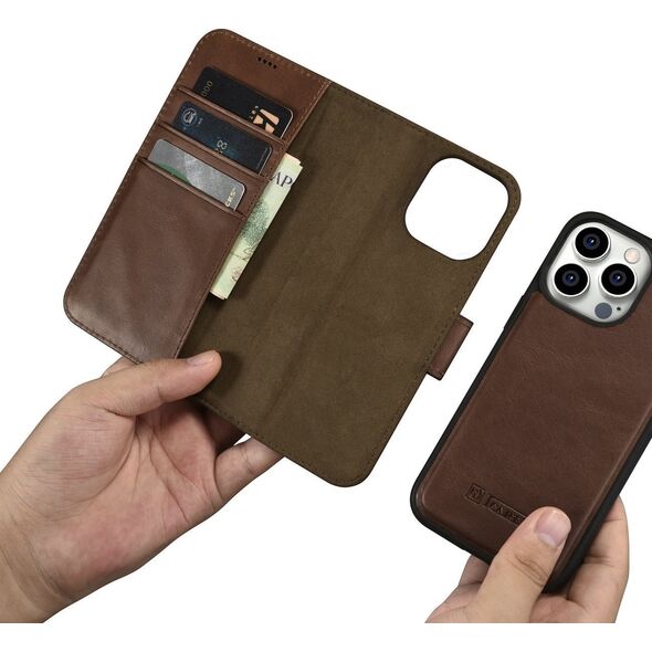 iCarer iCarer Oil Wax Wallet Case 2in1 etui iPhone 14 Pro skórzany pokrowiec z klapką Anti-RFID brązowy (WMI14220722-BN)