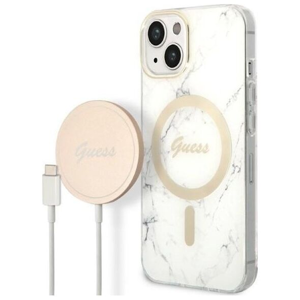 Guess Zestaw Guess GUBPP14SHMEACSH Case+ Charger iPhone 14 6,1" biały/white hard case Marble MagSafe NoSize