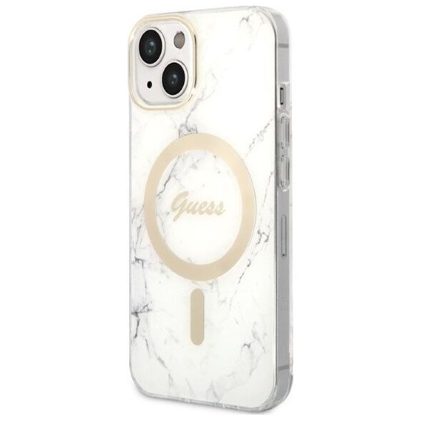 Guess Zestaw Guess GUBPP14SHMEACSH Case+ Charger iPhone 14 6,1" biały/white hard case Marble MagSafe NoSize