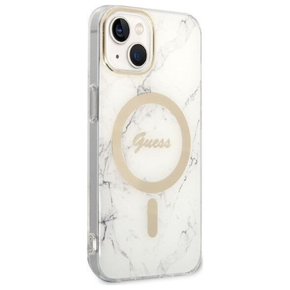Guess Zestaw Guess GUBPP14SHMEACSH Case+ Charger iPhone 14 6,1" biały/white hard case Marble MagSafe NoSize