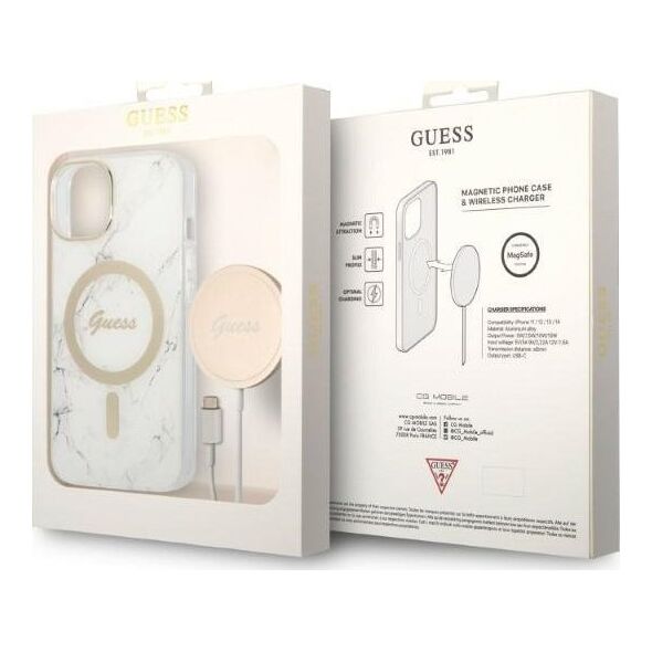Guess Zestaw Guess GUBPP14SHMEACSH Case+ Charger iPhone 14 6,1" biały/white hard case Marble MagSafe NoSize