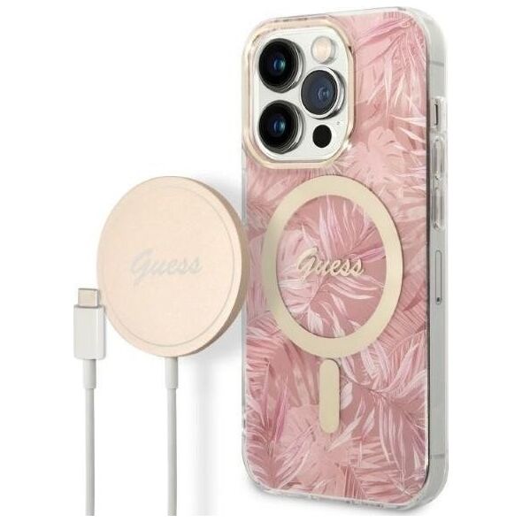 Guess Zestaw Guess GUBPP14LHJEACSP Case+ Charger iPhone 14 Pro 6,1" różowy/pink hard case Jungle MagSafe NoSize