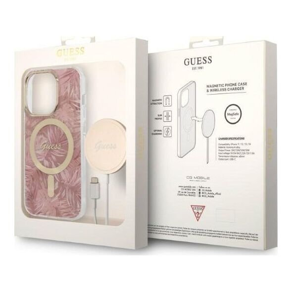 Guess Zestaw Guess GUBPP14LHJEACSP Case+ Charger iPhone 14 Pro 6,1" różowy/pink hard case Jungle MagSafe NoSize