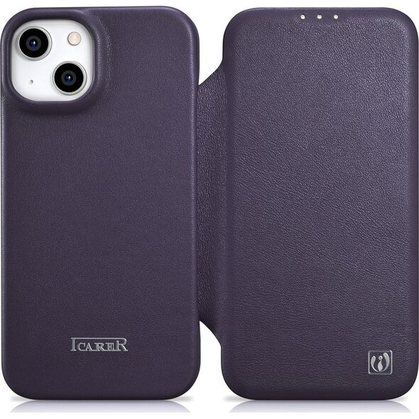 iCarer iCarer CE Premium Leather Folio Case skórzane etui iPhone 14 Plus z klapką magnetyczne MagSafe ciemnofioletowy (WMI14220715-DP)
