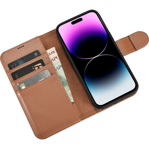 iCarer iCarer Wallet Case 2in1 etui iPhone 14 Pro Max skórzany pokrowiec z klapką Anti-RFID brązowy (WMI14220728-BN)