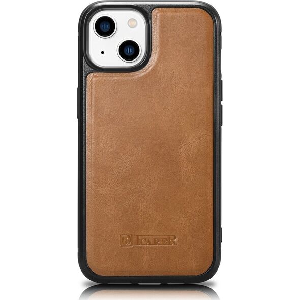iCarer iCarer Leather Oil Wax etui pokryte naturalną skórą do iPhone 14 Plus (kompatybilne z MagSafe) brązowy (WMI14220719-TN)