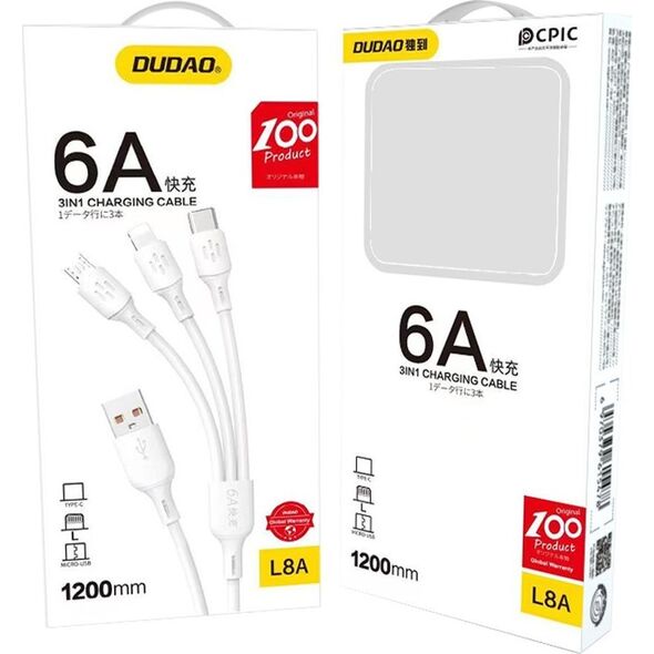 Kabel USB Dudao USB-A - USB-C + microUSB + Lightning 1.2 m Biały (DDA270)