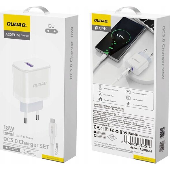 Ładowarka Dudao Ładowarka Dudao A20EU sieciowa USB-A 18W - biała + kabel USB-A - micro USB
