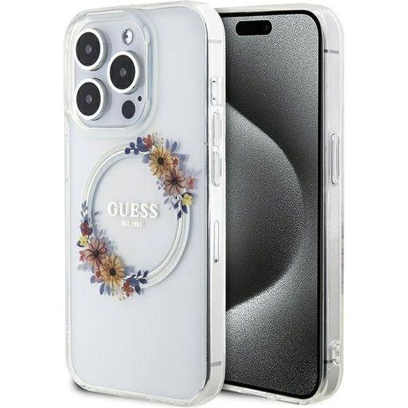 Guess GUESS GUHMP15XHFWFCT IPHONE 15 PRO MAX 6.7" TRANSPARENT HARDCASE IML FLOWERS WREATCH MAGSAFE standard