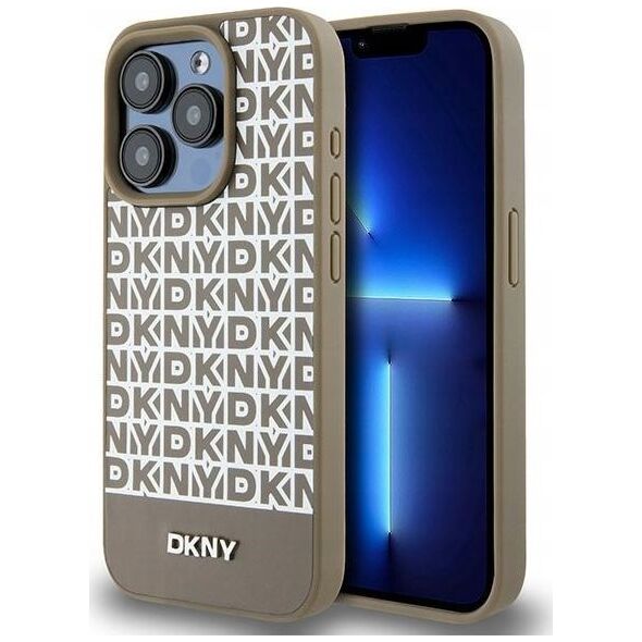 DKNY DKNY DKHMP15LPSOSPW iPhone 15 Pro 6.1" brązowy/brown hardcase Leather Printed Pattern Metal Logo MagSafe