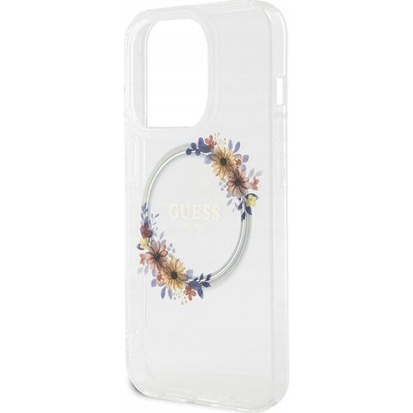 Guess Oryginalne Etui GUESS Hardcase GUHMP15LHFWFCT do iPhone 15 Pro (Kompatybilny z Magsafe / Flowers Wreath / transparent)