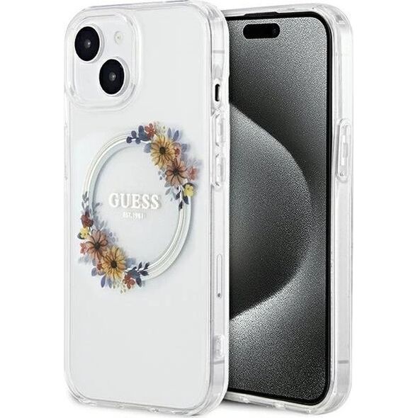 Guess Oryginalne Etui GUESS Hardcase GUHMP15SHFWFCT do iPhone 15 (Kompatybilny z Magsafe / Flowers Wreath / transparent)