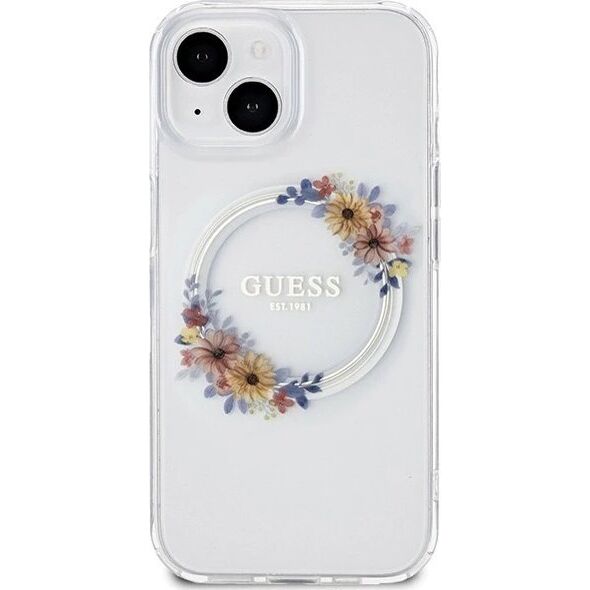 Guess Oryginalne Etui GUESS Hardcase GUHMP15SHFWFCT do iPhone 15 (Kompatybilny z Magsafe / Flowers Wreath / transparent)