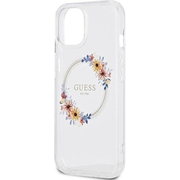 Guess Oryginalne Etui GUESS Hardcase GUHMP15SHFWFCT do iPhone 15 (Kompatybilny z Magsafe / Flowers Wreath / transparent)