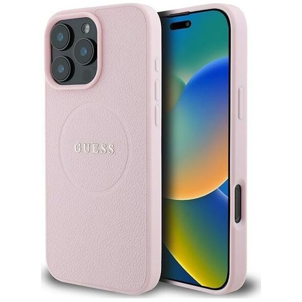 Guess Guess GUHMP15XPGHSMMP iPhone 15 Pro Max 6.7" różowy/pink MagSafe PU Grained Gold Ring