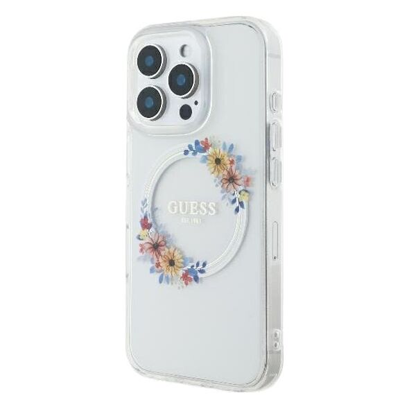 Guess Guess GUHMP16SHFWFCT iPhone 16 6.1" przeźroczysty/transparent hardcase IML Flowers Wreath MagSafe