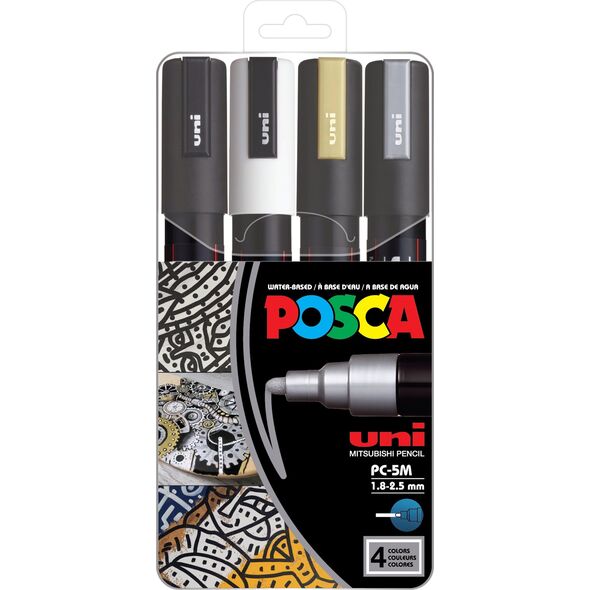 UNI-BALL POSCA PC-5M Μαύρο, Χρυσό, Ασημί, Λευκό 4 τεμ.