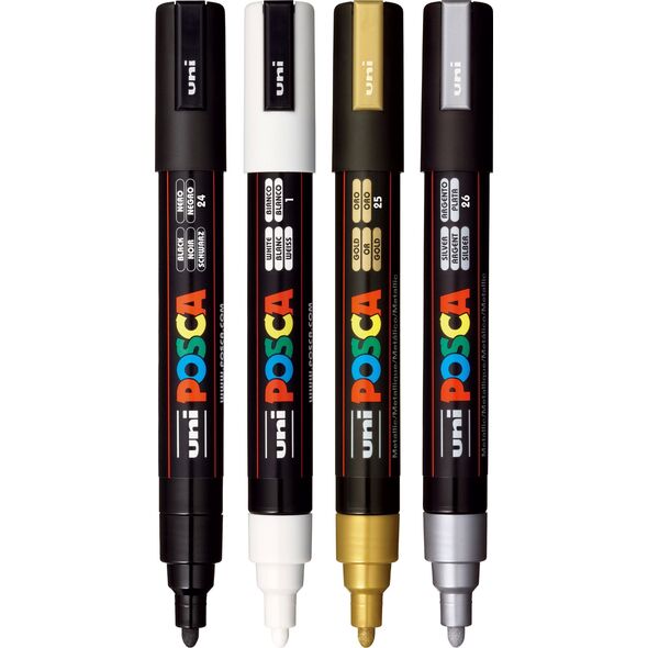 UNI-BALL POSCA PC-5M Μαύρο, Χρυσό, Ασημί, Λευκό 4 τεμ.