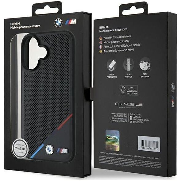 BMW BMW BMHMP16S23PUPDK iPhone 16 6.1" czarny/black hardcase M Perforated Tricolor Line MagSafe