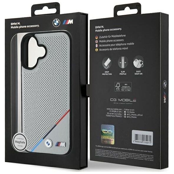 BMW BMW BMHMP16S23PUPDG iPhone 16 6.1" szary/grey hardcase M Perforated Tricolor Line MagSafe