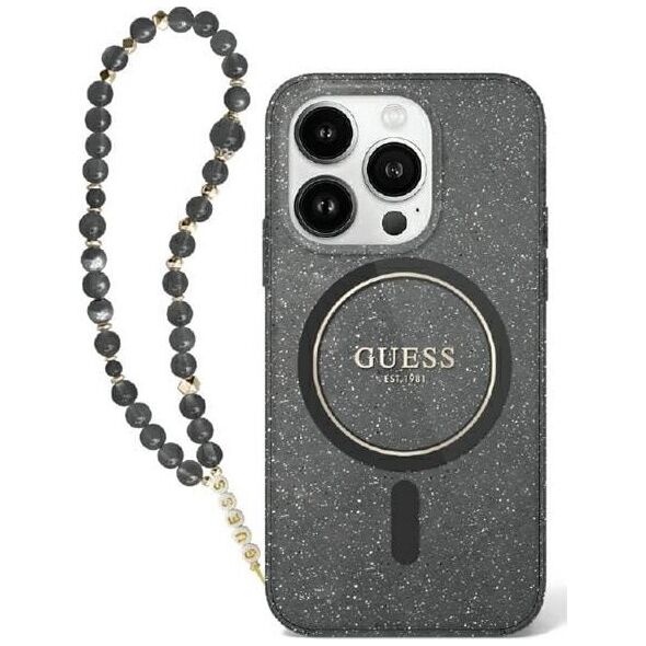 Guess Guess GUHMP16SHGCRELSK iPhone 16 6.1" czarny/czarny hardcase IML Glitter With Pearl Strap MagSafe
