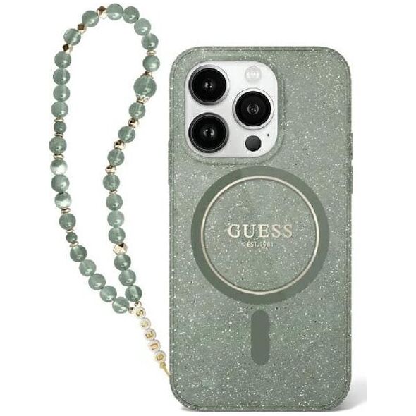 Guess Guess GUHMP16MHGCRELSA iPhone 16 Plus 6.7" zielony/green hardcase IML Glitter With Pearl Strap MagSafe