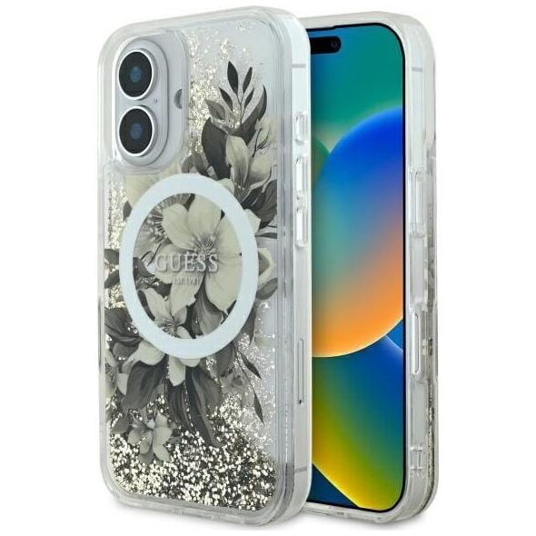 Guess Guess GUHMP16SLFMWTE iPhone 16 6.1" beżowy/beige hardcase Liquid Glitter Flower MagSafe