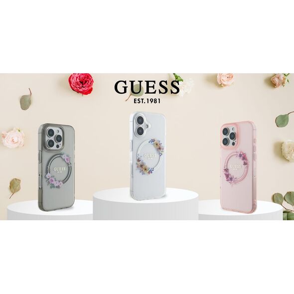 Guess Guess GUHMP16SHFWFCP iPhone 16 6.1" różowy/pink hardcase IML Flowers Wreath MagSafe