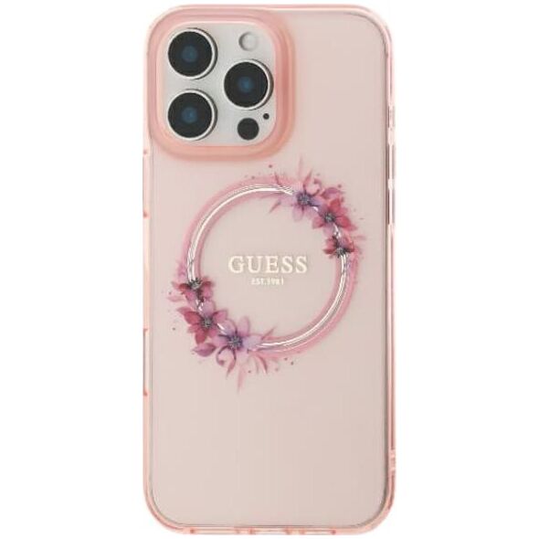 Guess Guess GUHMP16SHFWFCP iPhone 16 6.1" różowy/pink hardcase IML Flowers Wreath MagSafe