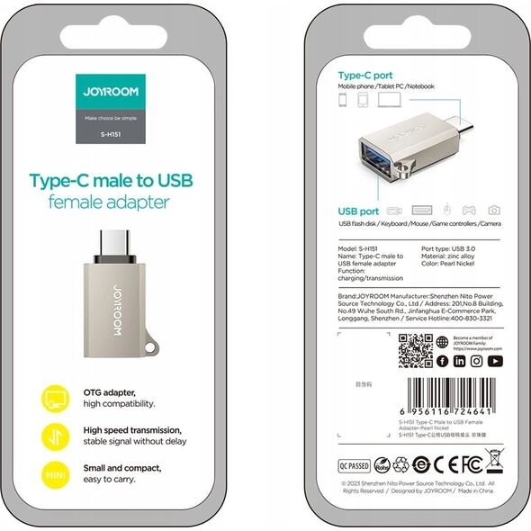Adapter USB Joyroom Adapter Joyroom S-H151 USB-C (męski) / USB-A (żeński) z oczkiem na smycz - srebrny