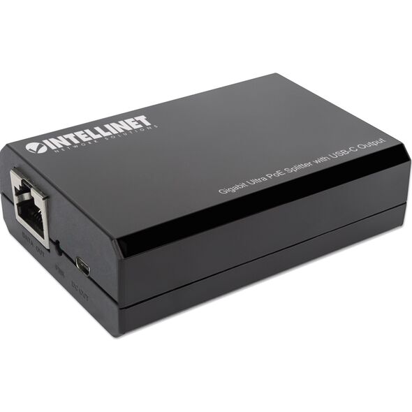 Intellinet PoE Splitter with USB-C Output, PoE++ / 4PPoE, Gigabit Ultra, IEEE 802.3bt, RJ45 In and Out Ports, Up to 45 W USB-C Output Port, IEEE 802.3, IEEE 802.3ab, IEEE 802.3af, IEEE 802.3at, IEEE 802.3bt, IEEE 802.3u, 10/100/1000Base-T(X), Cat5e, Black