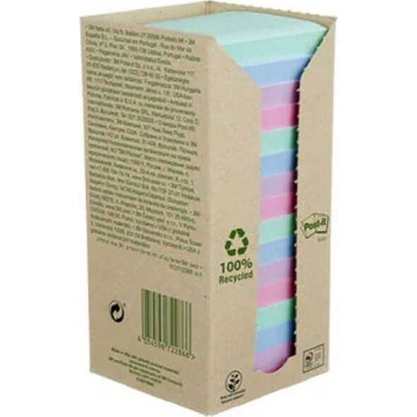 Post-it Karteczki samoprzylepne ekologiczne POST-IT® (654-1RPT), 76x76mm, 16x100 kart., pastelowe