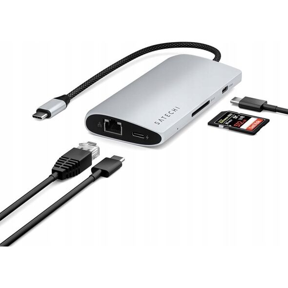 HUB USB Satechi Adapter Satechi USB-C Multiport 8K USB-C / USB-C, HDMI, 3xUSB-A 3.2 Gen 2 10Gbps, USB-A 3.2 Gen 1 5Gbps, SD/TF silver