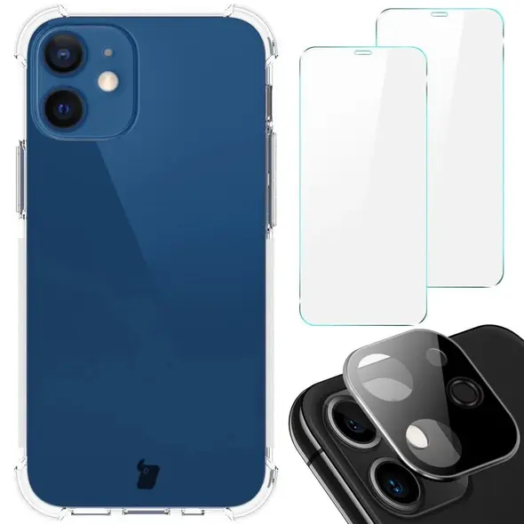 Bizon Case Clear Pack case + 2x screen glass + lens glass Apple iPhone 12 Mini clear