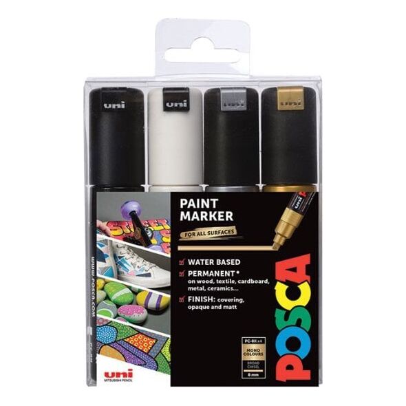 Posca Posca - PC8K - Στυλό με φαρδιά μύτη - Χρυσό, Ασημί, Μαύρο και Λευκό, 4 τεμ