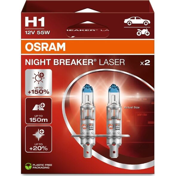 Osram OSRAM Λάμπες αυτοκινήτου NIGHT BREAKER LASER +150% H1 55W 12V P14.5S 2τμχ