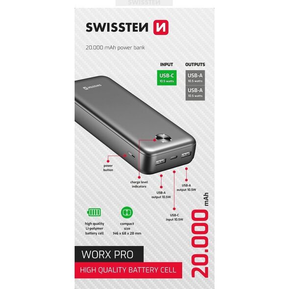 SWISSTEN, Powerbank, WORX PRO, Li-Pol, 5/9/12V, do �adowania telefon�w i innych urz�dze�, 22013961, 20000mAh, czarna