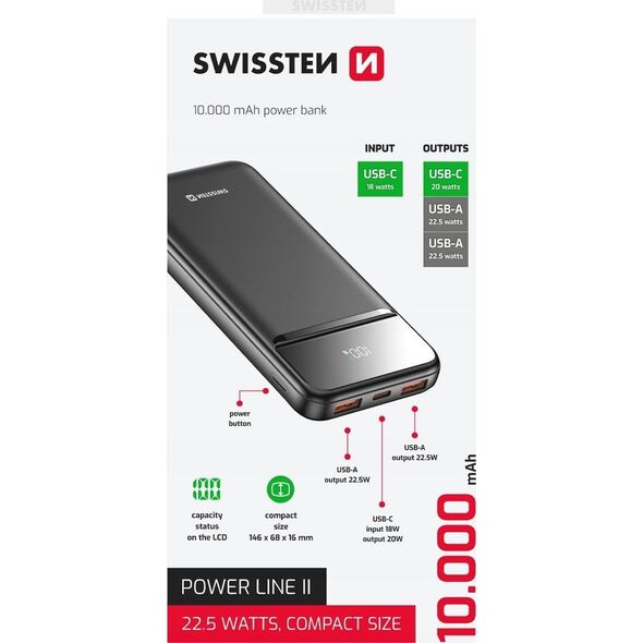 SWISSTEN, Powerbank, POWER LINE II, Li-Pol, 5/9/12V, do �adowania telefon�w i innych urz�dze�, 22013916, 10000mAh, czarna