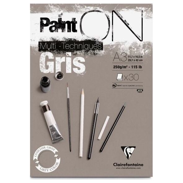 Clairefontaine Clairefontaine blok klejony Paint On Gris, A3, 30 ark. 250g uniw