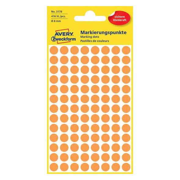 Avery Zweckform Etykiety kółka do zaznaczania 8mm, pomarańczowe odblaskowe (3178)