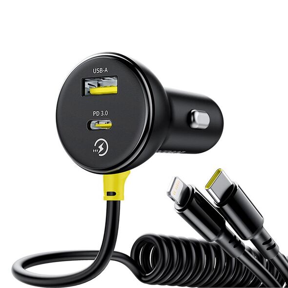 Ładowarka samochodowa Baseus 60W 2xUSB-C + wbudowany kabel USB-C, Lightning (Czarna)