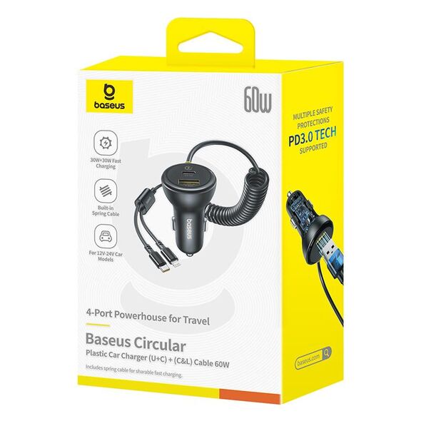 Ładowarka samochodowa Baseus 60W 2xUSB-C + wbudowany kabel USB-C, Lightning (Czarna)