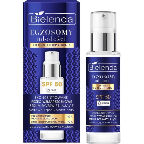 BIELENDA Egzosomy Młodości Skoncentrowane przeciwzmarszczkowe serum rozświetlające, wyrównujące koloryt cery SPF 50 na dzień 30 ml