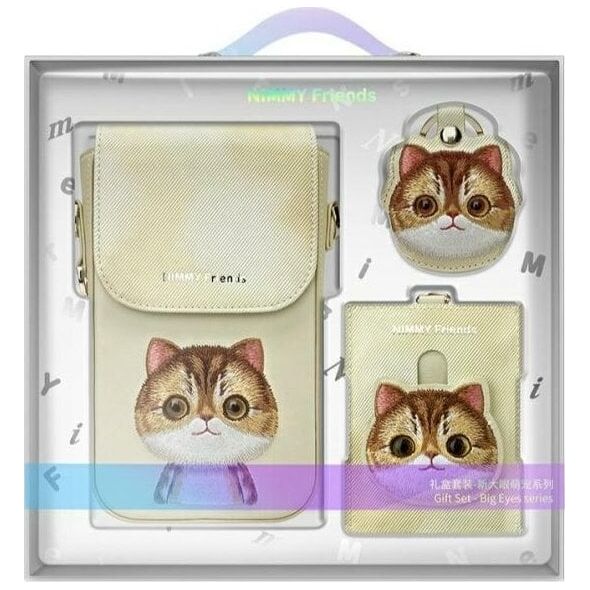 Nimmy Zestaw 3w1 torebka na telefon + portfel + etui na lokalizator khaki Big Eyed Pet 2.0 Cat