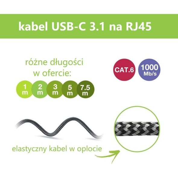 Techly Kabel sieciowy USB-C na Gigabit Ethernet RJ45 3m